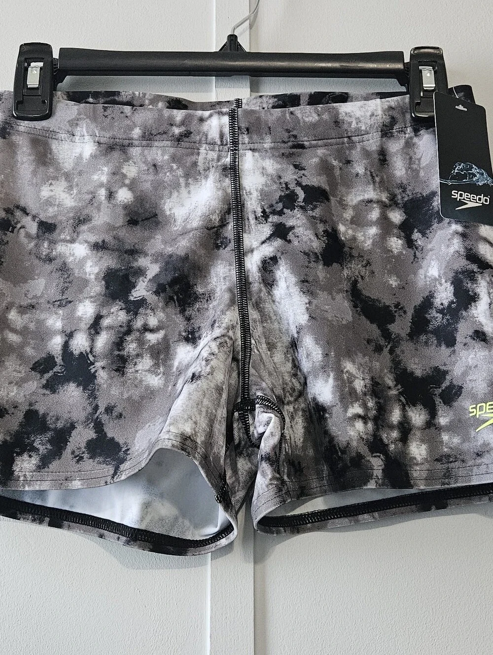 Speedo Size M PowerFlex Eco Black White Marbled Tie Dyed Boys Mens Swim Trunks